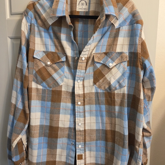Plaid Button-Up Shirt in Blue and Brown - Picture 1 of 4